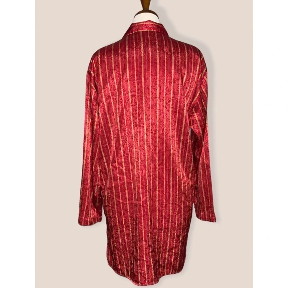 Victoria Secret Red & Gold Striped Satin Long Sleeve Button Down Sleep Shirt Med